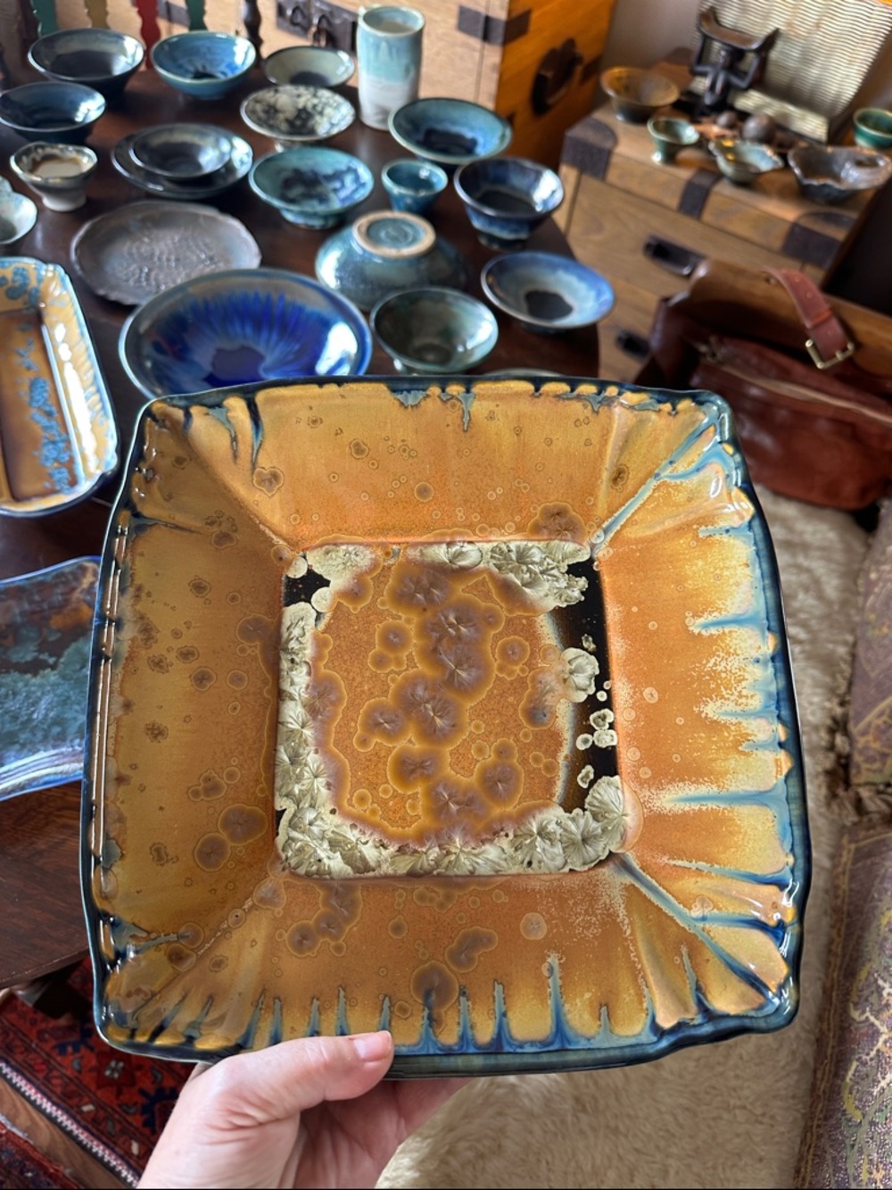 Handmade Edgecomb Pottery platter. Unique crystalline glaze. Bohemian home decor